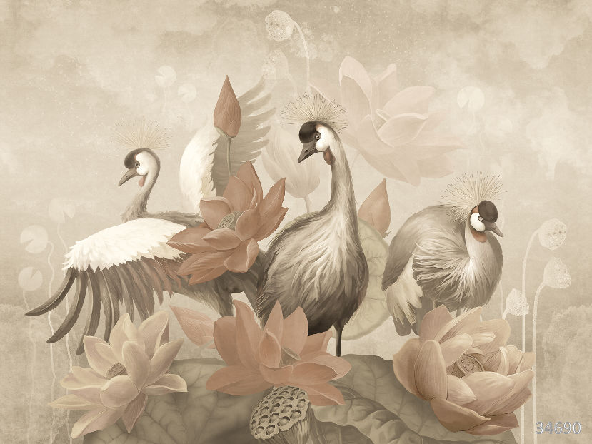 Венценосные аисты и цветы